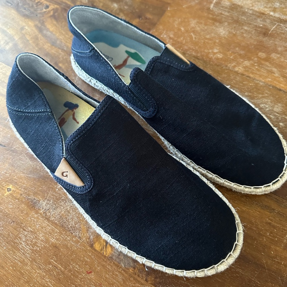 OluKai ‎ KAULA PA'Α ΚΑΡΑ black canvas espadrille slip on shoes ladies size 9